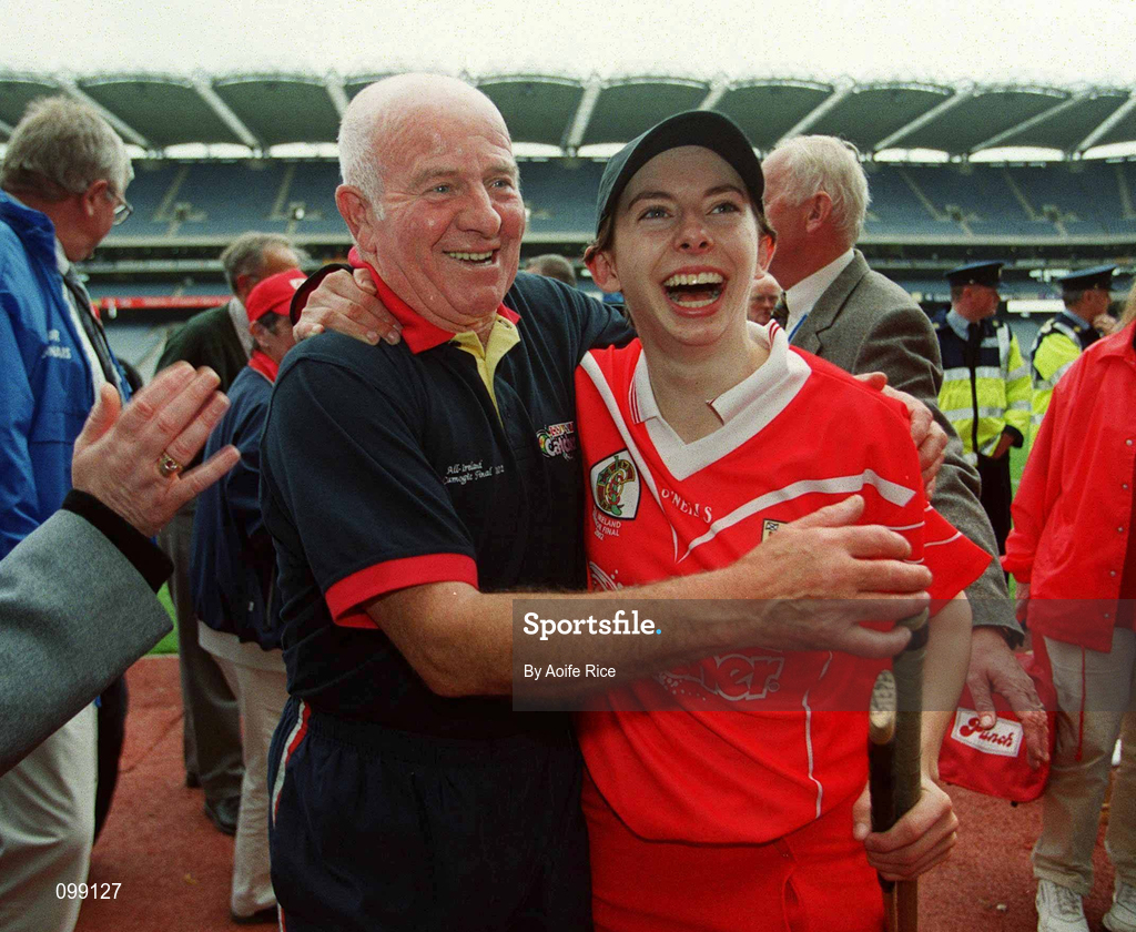15 September 2002; Cork manager Pat Finn celebrates with Ger Casey following the All-Ireland Senior Camogie Championship Final match between Cork and Tipperary at Croke Park in Dublin. Photo by Aoife Rice/Sportsfile