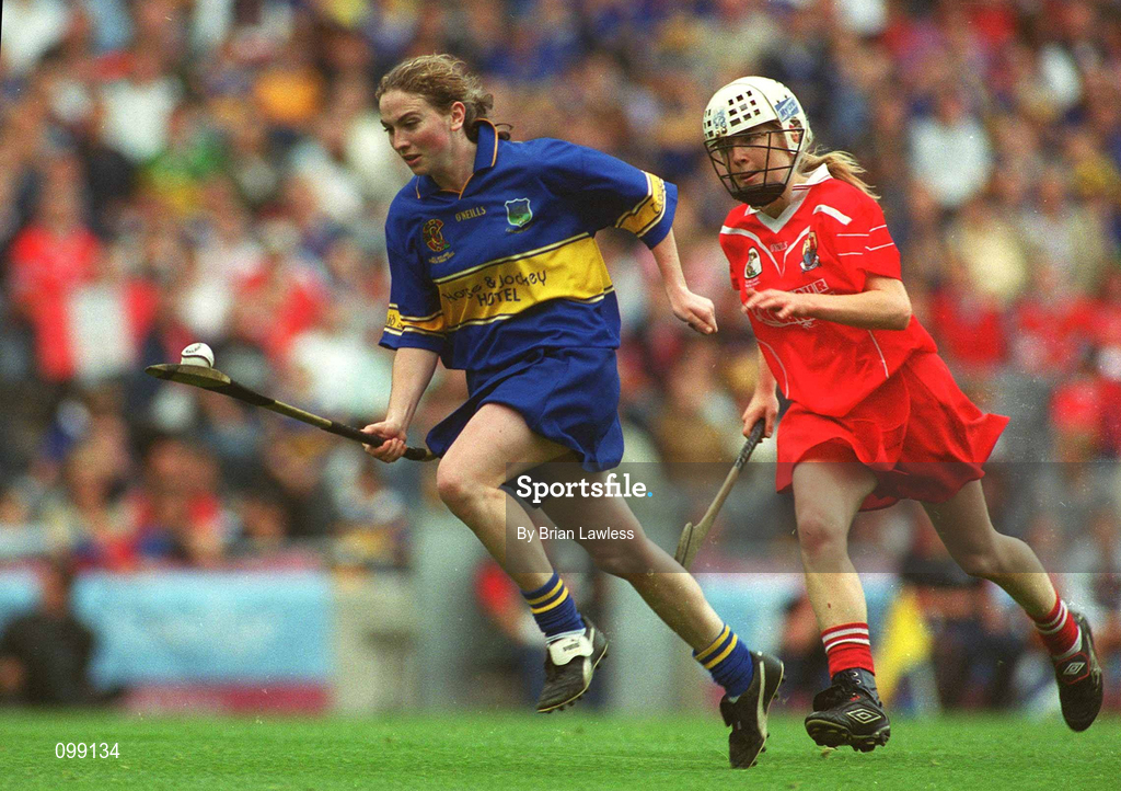 15 September 2002; Philly Fogarty of Tipperary in action against Rachel Moloney of Cork during the All-Ireland Senior Camogie Championship Final match between Cork and Tipperary at Croke Park in Dublin. Photo by Brian Lawless/Sportsfile
