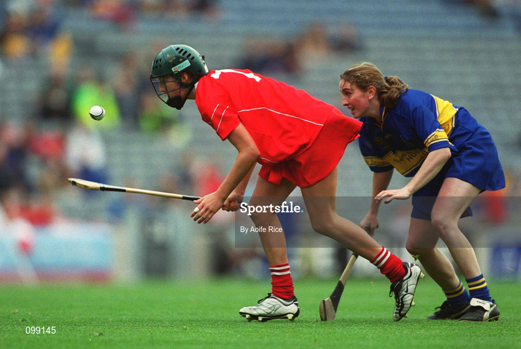 15 September 2002; Gemma O'Connor of Cork in action against Philly Fogarty of Tipperary during the All-Ireland Senior Camogie Championship Final match between Cork and Tipperary at Croke Park in Dublin. Photo by Aoife Rice/Sportsfile