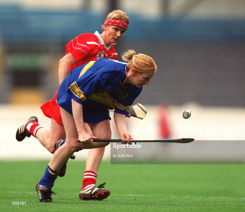 15 September 2002; Therese Brophy of Tipperary in action against Linda Mellerick of Cork during the All-Ireland Senior Camogie Championship Final match between Cork and Tipperary at Croke Park in Dublin. Photo by Aoife Rice/Sportsfile