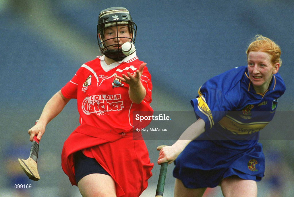 15 September 2002; Una O'Donoghue of Cork in action against Therese Brophy of Tipperary during the All-Ireland Senior Camogie Championship Final match between Cork and Tipperary at Croke Park in Dublin. Photo by Ray McManus/Sportsfile