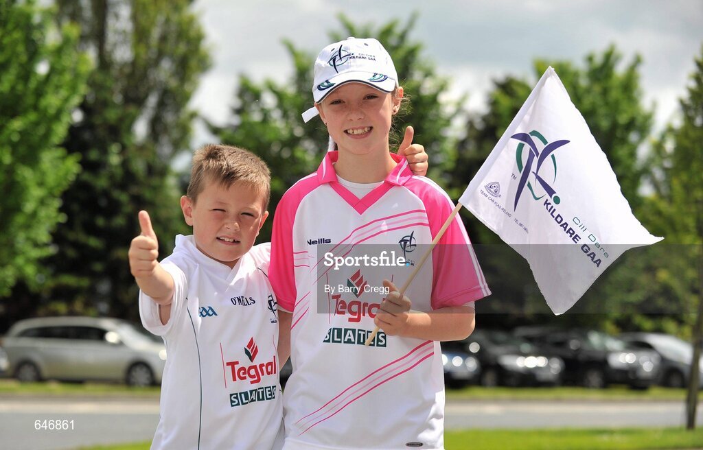17 June 2012; Kildare supporters Roberto Donohue, aged 7, and his sister Courtney, aged 11, from Athy, Co. Kildare, show their support before the game. Leinster GAA Football Senior Championship Quarter-Final, Offaly v Kildare, O'Moore Park, Portlaoise, Co. Laois. Picture credit: Barry Cregg / SPORTSFILE
