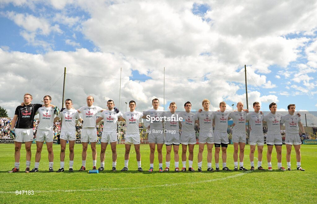 17 June 2012; The Kildare team stand for the National Anthem. Leinster GAA Football Senior Championship Quarter-Final, Offaly v Kildare, O'Moore Park, Portlaoise, Co. Laois. Picture credit: Barry Cregg / SPORTSFILE