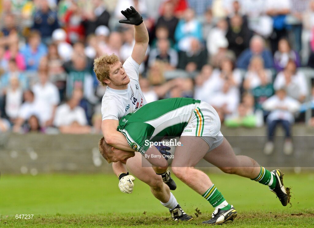 17 June 2012; Alan Mulhall, Offaly, is fouled by Tomás O'Connor, Kildare. Leinster GAA Football Senior Championship Quarter-Final, Offaly v Kildare, O'Moore Park, Portlaoise, Co. Laois. Picture credit: Barry Cregg / SPORTSFILE