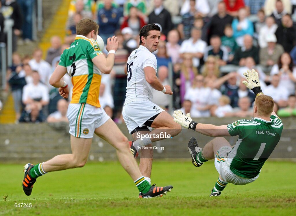 17 June 2012; Alan Mulhall, Offaly, saves the shot from Mikey Conway, Kildare. Leinster GAA Football Senior Championship Quarter-Final, Offaly v Kildare, O'Moore Park, Portlaoise, Co. Laois. Picture credit: Barry Cregg / SPORTSFILE