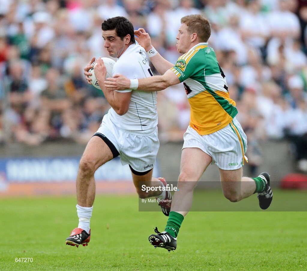 17 June 2012; Mikey Conway, Kildare, in action against Brian Darby, Offaly. Leinster GAA Football Senior Championship Quarter-Final, Offaly v Kildare, O'Moore Park, Portlaoise, Co. Laois. Picture credit: Matt Browne / SPORTSFILE