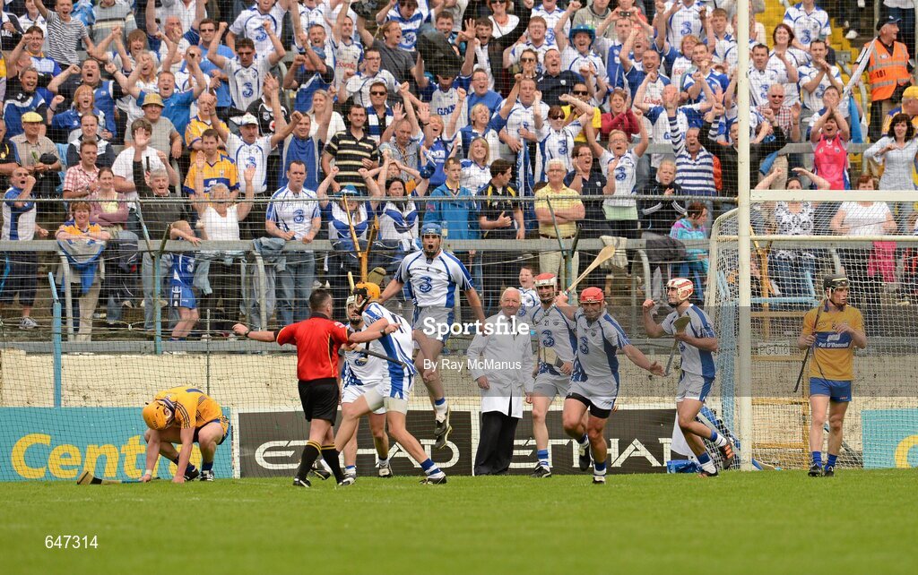 17 June 2012; Waterford players and supporters celebrate as referee James McGrath signals the end of the game. Munster GAA Hurling Senior Championship Semi-Final, Clare v Waterford, Semple Stadium, Thurles, Co. Tipperary. Picture credit: Ray McManus / SPORTSFILE