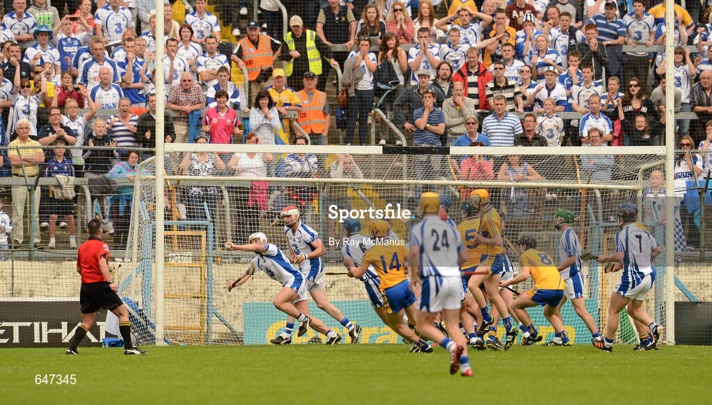 17 June 2012; Waterford and Clare supporters watch as Stephen Molumphy catches the sliothar, on the goal line, in the last seconds of the game. Munster GAA Hurling Senior Championship Semi-Final, Clare v Waterford, Semple Stadium, Thurles, Co. Tipperary. Picture credit: Ray McManus / SPORTSFILE