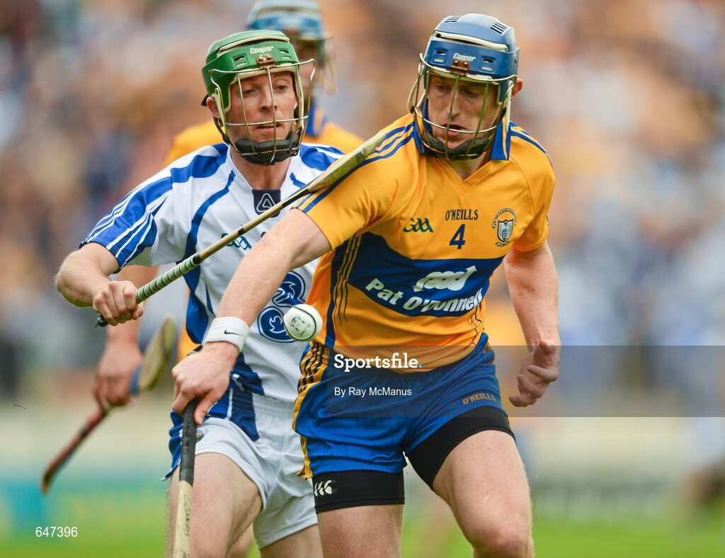 17 June 2012; Conor Cooney, Clare, is tackled by Paul O'Brien, Waterford. Munster GAA Hurling Senior Championship Semi-Final, Clare v Waterford, Semple Stadium, Thurles, Co. Tipperary. Picture credit: Ray McManus / SPORTSFILE
