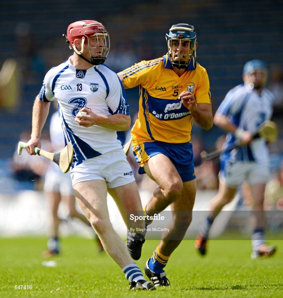 17 June 2012; John Mullane, Waterford, in action against Brendan Bolger, Clare. Munster GAA Hurling Senior Championship Semi-Final, Clare v Waterford, Semple Stadium, Thurles, Co. Tipperary. Picture credit: Stephen McCarthy / SPORTSFILE