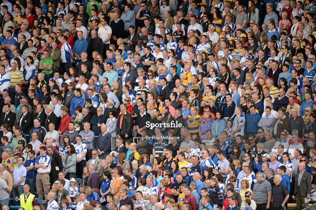 17 June 2012; A section of the 12,296 who attended, stand for the playing of the National Anthem. Munster GAA Hurling Senior Championship Semi-Final, Clare v Waterford, Semple Stadium, Thurles, Co. Tipperary. Picture credit: Ray McManus / SPORTSFILE