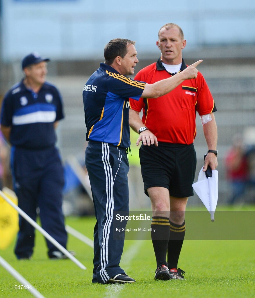 17 June 2012; Clare manager Davy Fitzgerald speaks with linesman Anthony Stapleton during the game. Munster GAA Hurling Senior Championship Semi-Final, Clare v Waterford, Semple Stadium, Thurles, Co. Tipperary. Picture credit: Stephen McCarthy / SPORTSFILE
