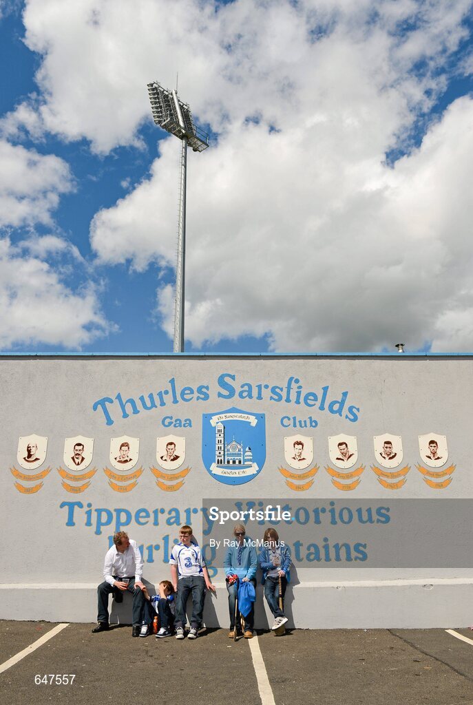 17 June 2012; Waterford supporters Don Flynn, John Flynn, Jake, Sinéad and Reece Halley, from the Ballyduff GAA Club, relax before the game. Munster GAA Hurling Senior Championship Semi-Final, Clare v Waterford, Semple Stadium, Thurles, Co. Tipperary. Picture credit: Ray McManus / SPORTSFILE