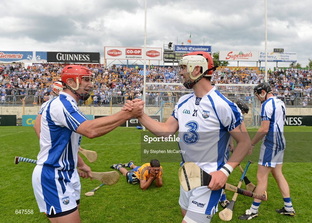 17 June 2012; Seamus Prendergast, left, and Dean Twomey, Waterford, celebrate their side's victory. Munster GAA Hurling Senior Championship Semi-Final, Clare v Waterford, Semple Stadium, Thurles, Co. Tipperary. Picture credit: Stephen McCarthy / SPORTSFILE