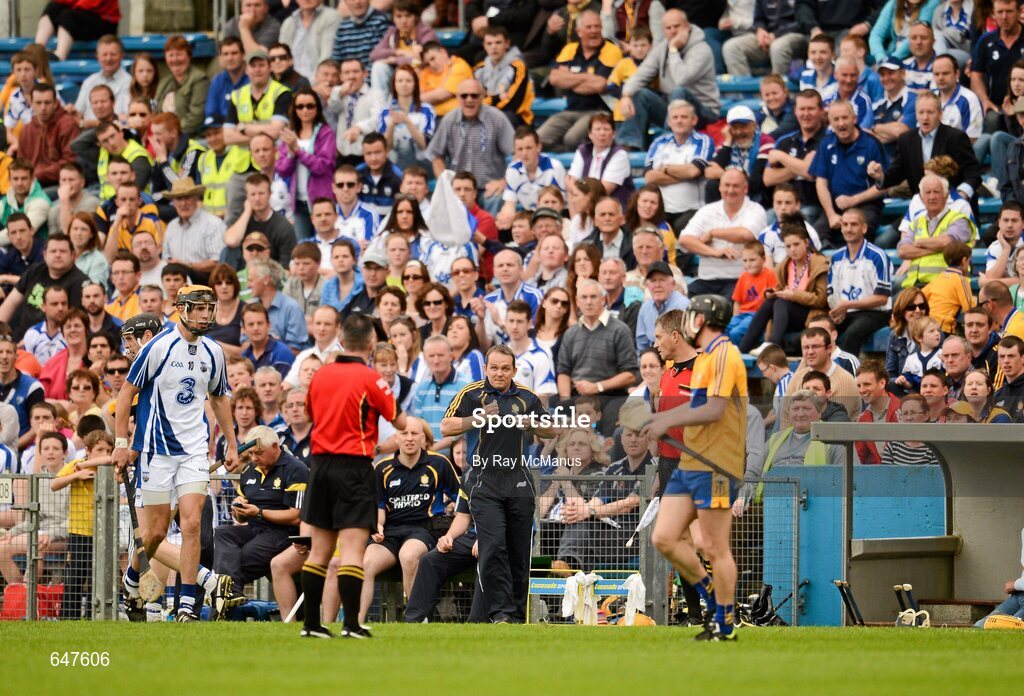 17 June 2012; The Clare manager Davy Fitzgerald gestures, about jersey pulling, to referee James McGrath during the second half. Munster GAA Hurling Senior Championship Semi-Final, Clare v Waterford, Semple Stadium, Thurles, Co. Tipperary. Picture credit: Ray McManus / SPORTSFILE