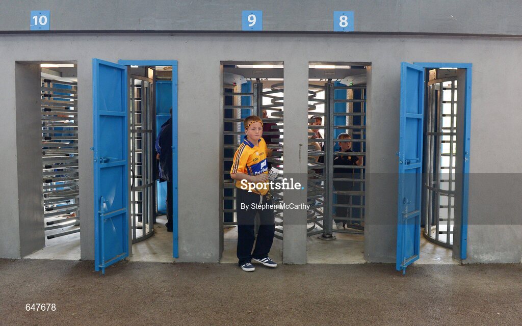 17 June 2012; Dylan Frawley, age 13, from Shannon, Co. Clare, makes his way through the turnstiles ahead of the game. Munster GAA Hurling Senior Championship Semi-Final, Clare v Waterford, Semple Stadium, Thurles, Co. Tipperary. Picture credit: Stephen McCarthy / SPORTSFILE