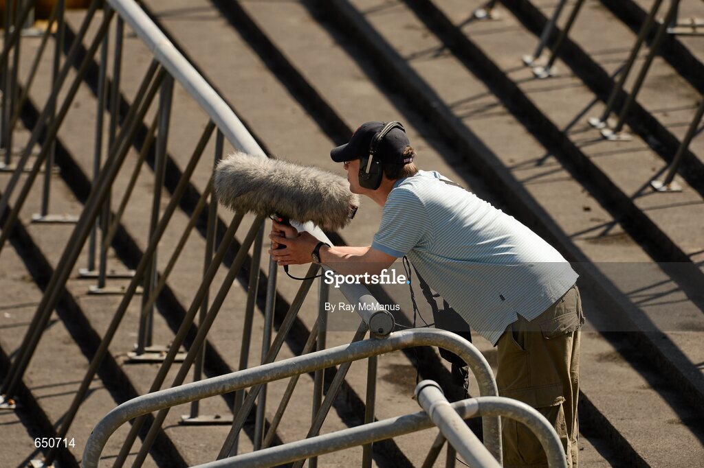 17 June 2012; A menber of a production company holds a boom microphone during the game. Munster GAA Hurling Senior Championship Semi-Final, Clare v Waterford, Semple Stadium, Thurles, Co. Tipperary. Picture credit: Ray McManus / SPORTSFILE