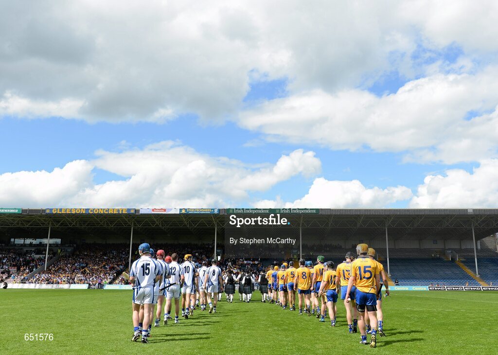 17 June 2012; The Waterford and Clare teams during the pre-match parade. Munster GAA Hurling Senior Championship Semi-Final, Clare v Waterford, Semple Stadium, Thurles, Co. Tipperary. Picture credit: Stephen McCarthy / SPORTSFILE