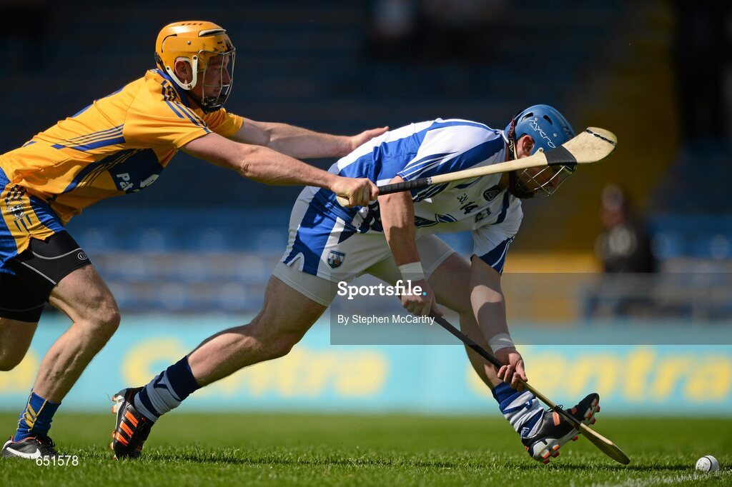17 June 2012; Shane Walsh, Waterford, scores his side's second goal despite the attention of Cian Dillon, Clare. Munster GAA Hurling Senior Championship Semi-Final, Clare v Waterford, Semple Stadium, Thurles, Co. Tipperary. Picture credit: Stephen McCarthy / SPORTSFILE