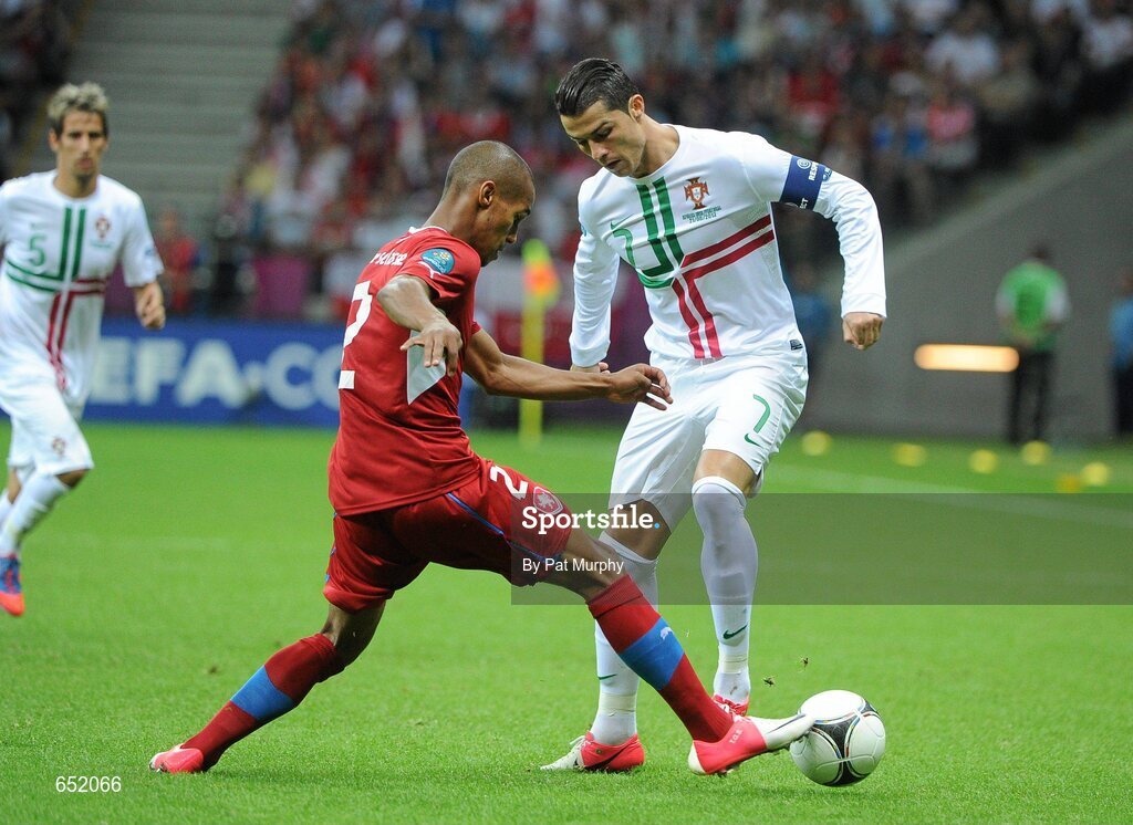 21 June 2012; Cristiano Ronaldo, Portugal, in action against Theodor Gabri Selassie, Czech Republic. UEFA EURO 2012, Quarter-Final, Czech Republic v Portugal, National Stadium, Warsaw, Poland. Picture credit: Pat Murphy / SPORTSFILE