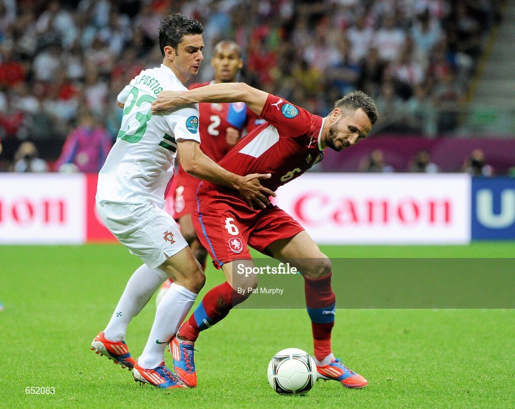 21 June 2012; Tomas Sivok, Czech Republic, in action against Helder Postiga, Portugal. UEFA EURO 2012, Quarter-Final, Czech Republic v Portugal, National Stadium, Warsaw, Poland. Picture credit: Pat Murphy / SPORTSFILE