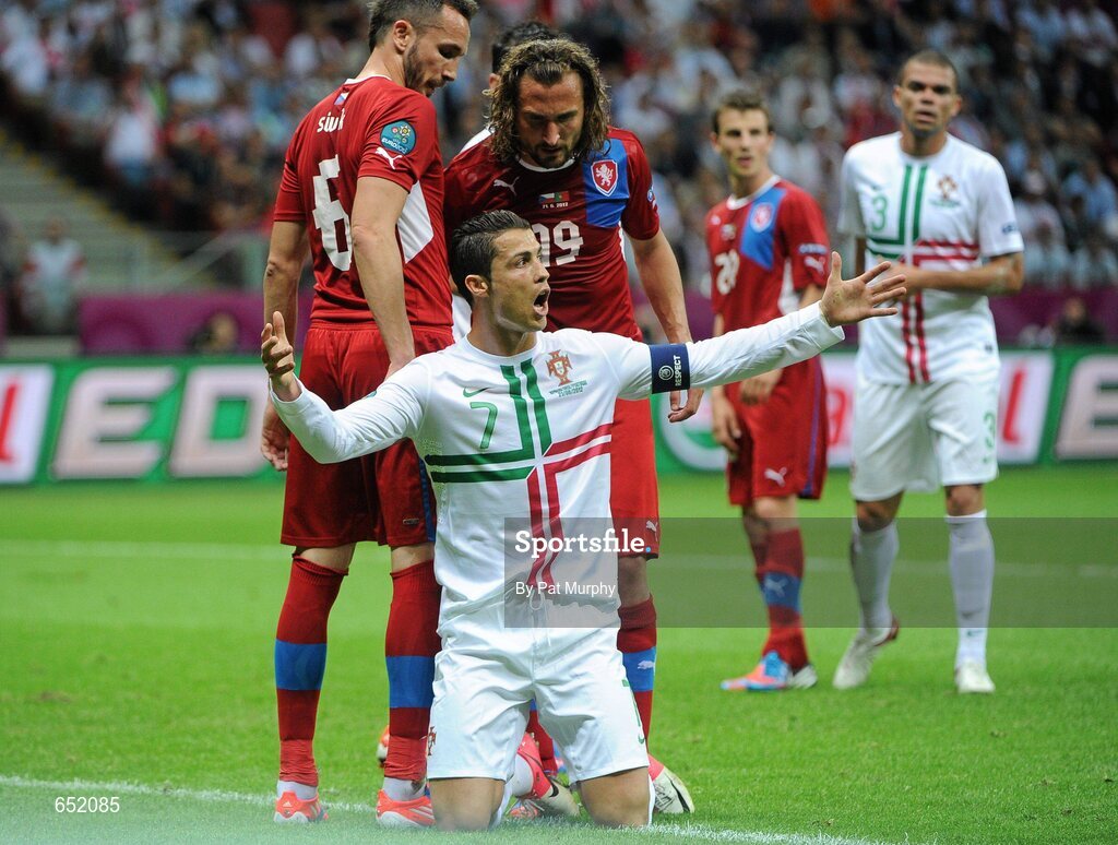 21 June 2012; Cristiano Ronaldo, Portugal, argues with Czech Republic's Tomas Sivok, left, and Petr Jiracek. UEFA EURO 2012, Quarter-Final, Czech Republic v Portugal, National Stadium, Warsaw, Poland. Picture credit: Pat Murphy / SPORTSFILE