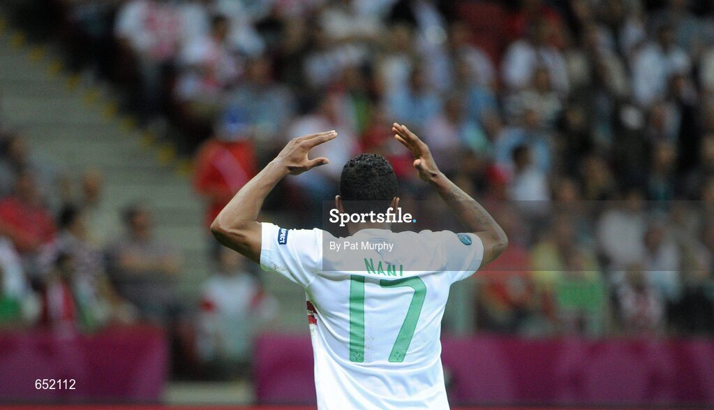 21 June 2012; Nani, Portugal, shows his frustration after his penalty claim was turned down. UEFA EURO 2012, Quarter-Final, Czech Republic v Portugal, National Stadium, Warsaw, Poland. Picture credit: Pat Murphy / SPORTSFILE