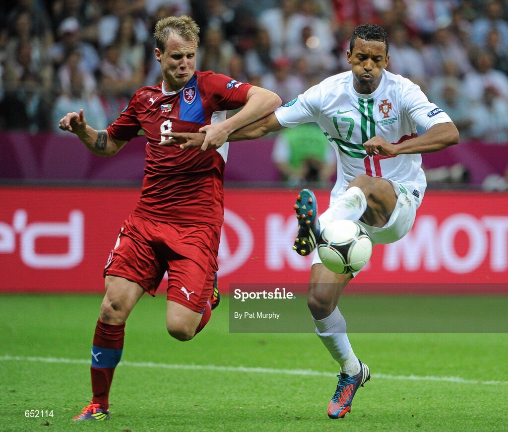 21 June 2012; Nani, Portugal, in action against David Limbersky, Czech Republic. UEFA EURO 2012, Quarter-Final, Czech Republic v Portugal, National Stadium, Warsaw, Poland. Picture credit: Pat Murphy / SPORTSFILE