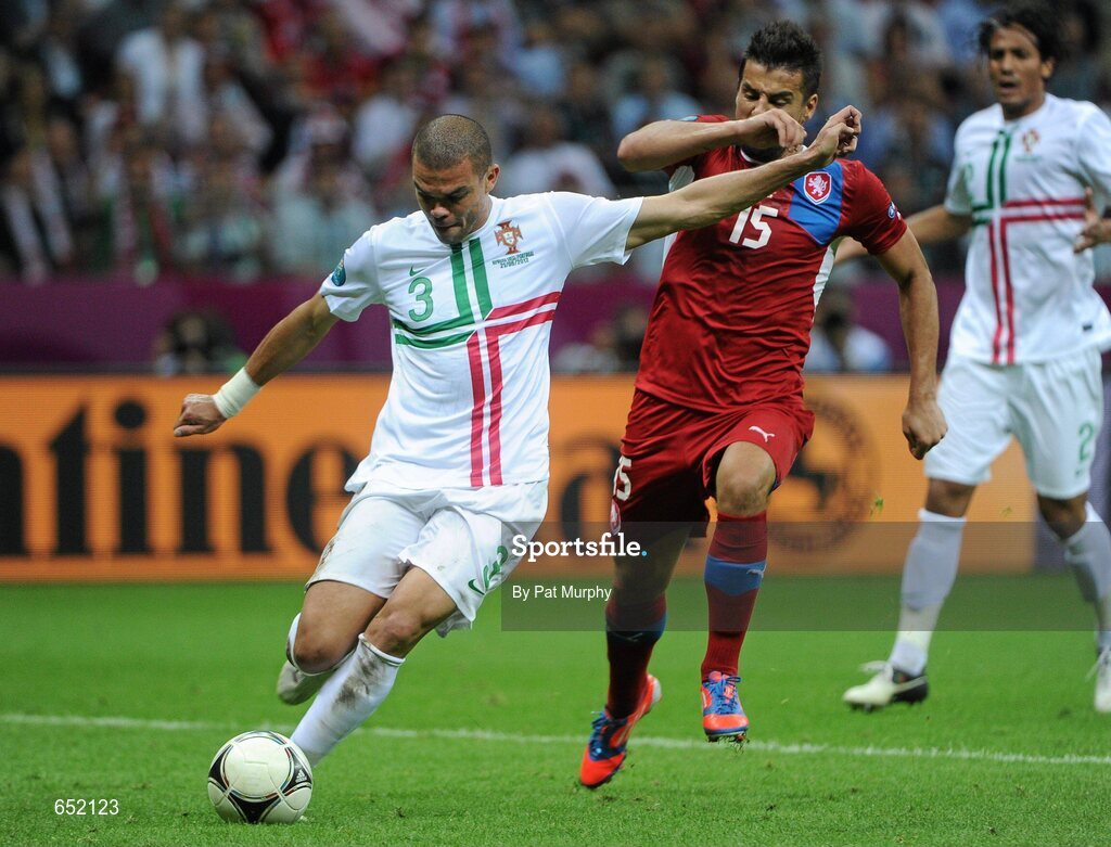 21 June 2012; Pepe, Portugal, in action against Milan Baros, Czech Republic. UEFA EURO 2012, Quarter-Final, Czech Republic v Portugal, National Stadium, Warsaw, Poland. Picture credit: Pat Murphy / SPORTSFILE