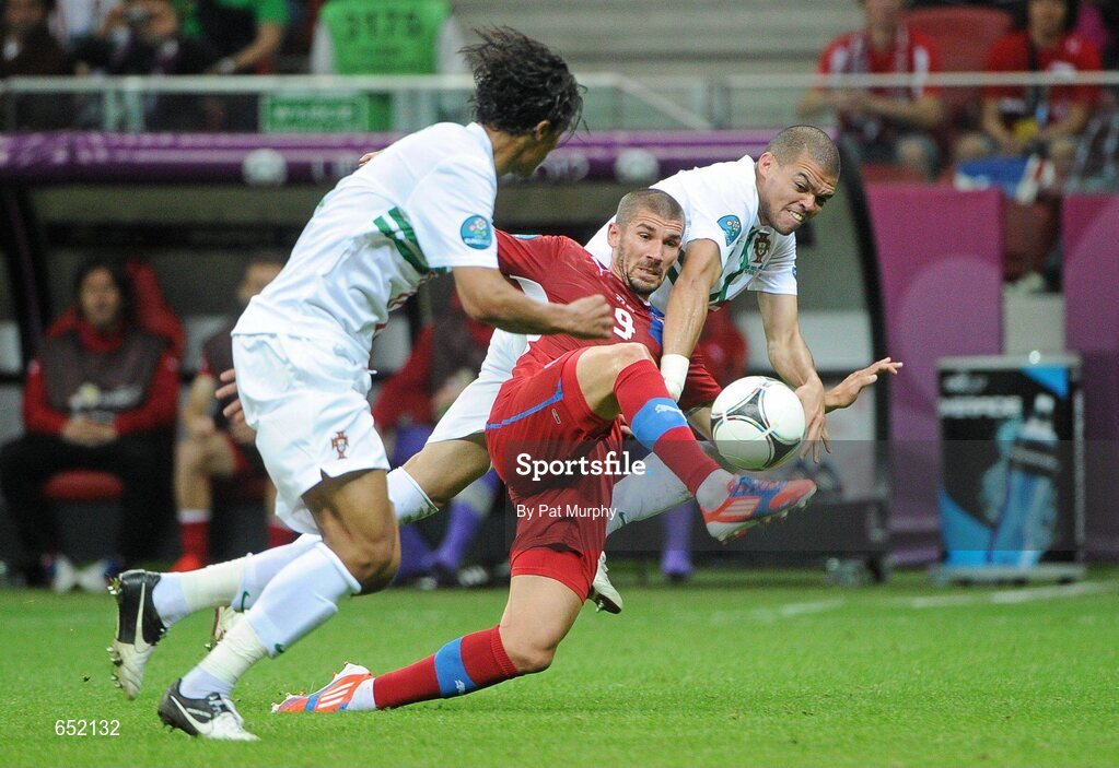 21 June 2012; Jan Rezek, Czech Republic, in action against Miguel Veloso, left, and Pepe, Portugal. UEFA EURO 2012, Quarter-Final, Czech Republic v Portugal, National Stadium, Warsaw, Poland. Picture credit: Pat Murphy / SPORTSFILE