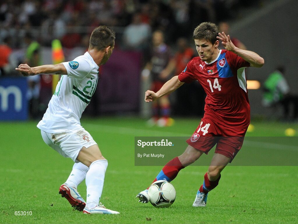 21 June 2012; Vaclav Pilar, Czech Republic, in action against Joao Pereira, Portugal. UEFA EURO 2012, Quarter-Final, Czech Republic v Portugal, National Stadium, Warsaw, Poland. Picture credit: Pat Murphy / SPORTSFILE