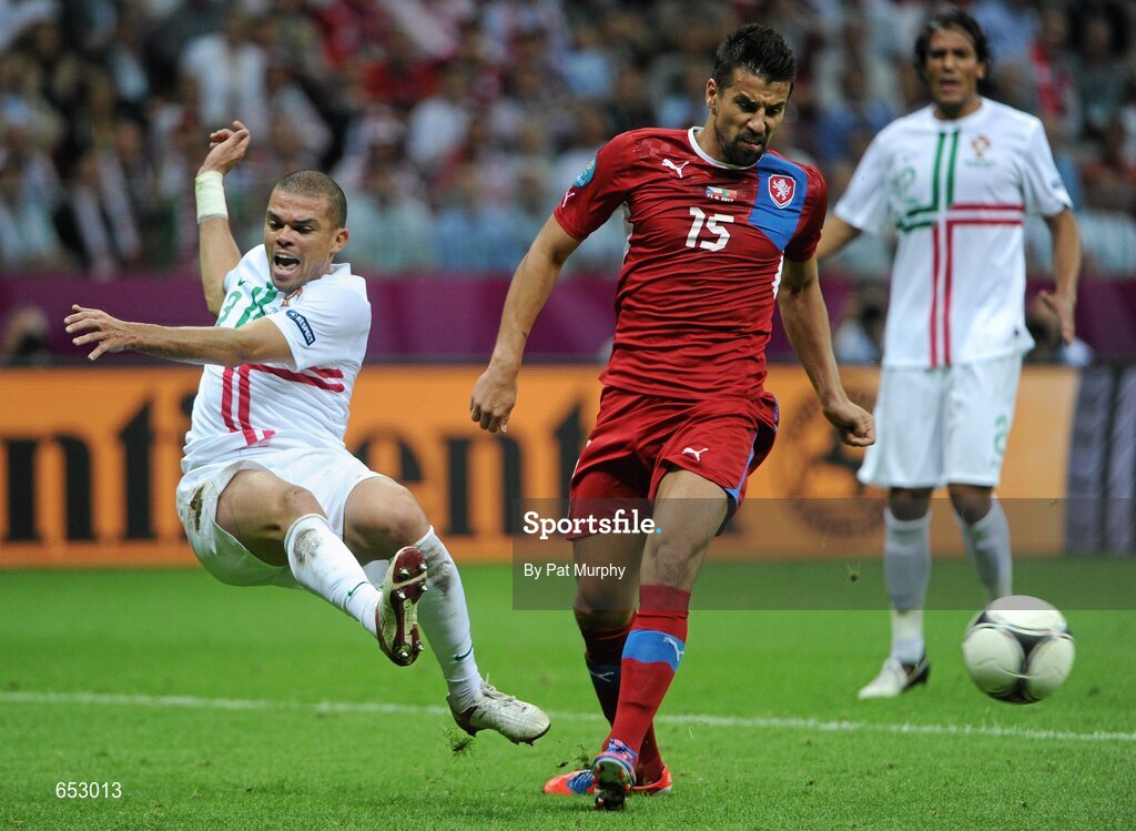 21 June 2012; Pepe, Portugal, in action against Milan Baros, Czech Republic. UEFA EURO 2012, Quarter-Final, Czech Republic v Portugal, National Stadium, Warsaw, Poland. Picture credit: Pat Murphy / SPORTSFILE