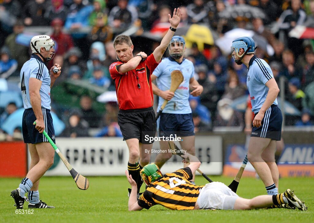 23 June 2012; Referee Barry Kelly awards a free to Richie Power, Kilkenny, following a foul from Tomás Brady, Dublin. Leinster GAA Hurling Senior Championship Semi-Final, Dublin v Kilkenny, O'Moore Park, Portlaoise, Co. Laois. Picture credit: Stephen McCarthy / SPORTSFILE