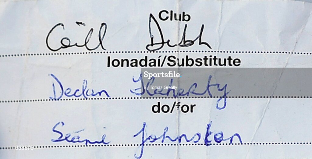 30 June 2012; A general view of the Coill Dubh substitute slip which saw Declan Flaherty replace Seanie Johnston during the game. Kildare Senior Hurling Championship Preliminary Round, Éire Óg v Coill Dubh, Clane GAA, Prosperous Road, Clane, Co. Kildare. Picture credit: Tomas Greally / SPORTSFILE