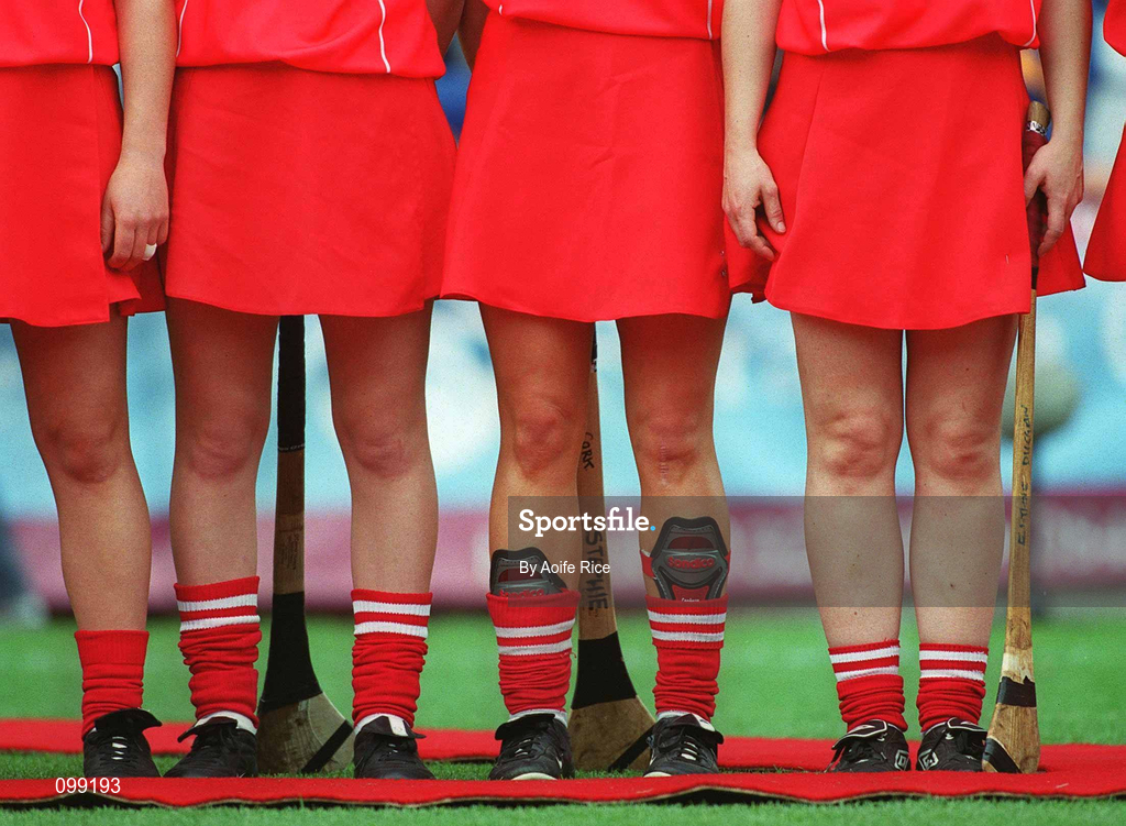 15 September 2002; Cork players stand waiting to meet the President prior to the All-Ireland Senior Camogie Championship Final match between Cork and Tipperary at Croke Park in Dublin. Photo by Aoife Rice/Sportsfile