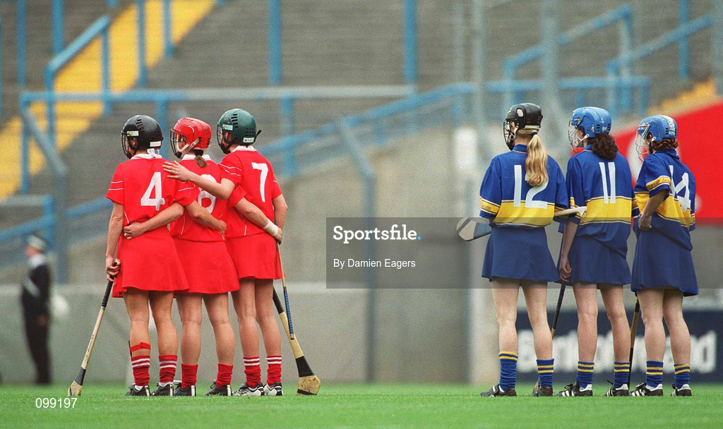 15 September 2002; Both teams stand for the National Anthem prior to the All-Ireland Senior Camogie Championship Final match between Cork and Tipperary at Croke Park in Dublin. Photo by Aoife Rice/Sportsfile