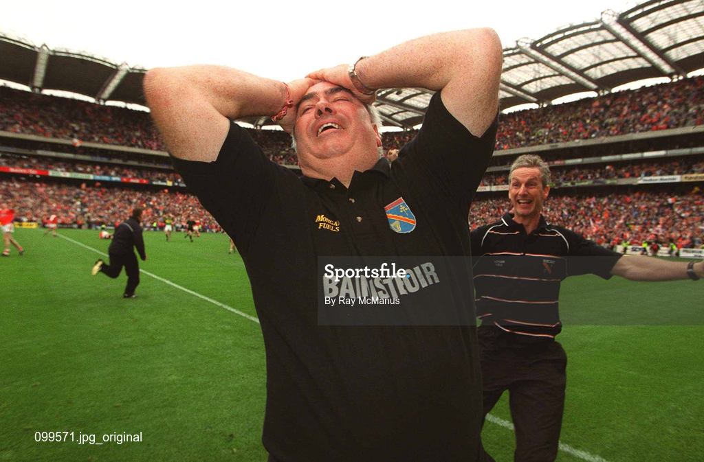 22 September 2002; Armagh manager Joe Kernan celebrates at the final whistle of the GAA Football All-Ireland Senior Championship Final match between Armagh and Kerry at Croke Park in Dublin. Photo by Ray McManus/Sportsfile