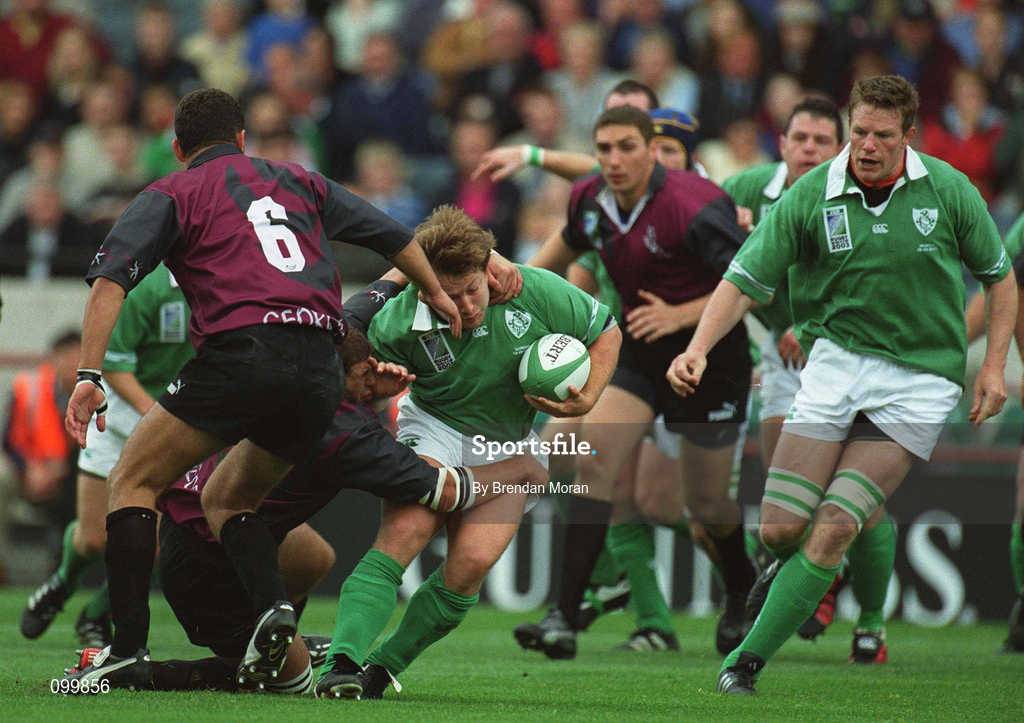 28 September 2002; Shane Byrne of Ireland is tackled by George Chkhaidze of Georgia during the Rugby World Cup 2003 Qualifier match between Ireland and Georgia at Lansdowne Road in Dublin. Photo by Brendan Moran/Sportsfile