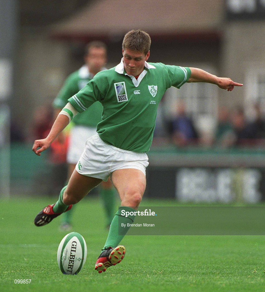 28 September 2002; Ronan O'Gara of Ireland kicks a penalty during the Rugby World Cup 2003 Qualifier match between Ireland and Georgia at Lansdowne Road in Dublin. Photo by Brendan Moran/Sportsfile
