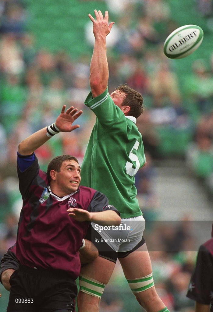 28 September 2002; Malcolm O'Kelly of Ireland and IIlia Zedguinidze of Georgia both miss the ball in the line out during the Rugby World Cup 2003 Qualifier match between Ireland and Georgia at Lansdowne Road in Dublin. Photo by Brendan Moran/Sportsfile