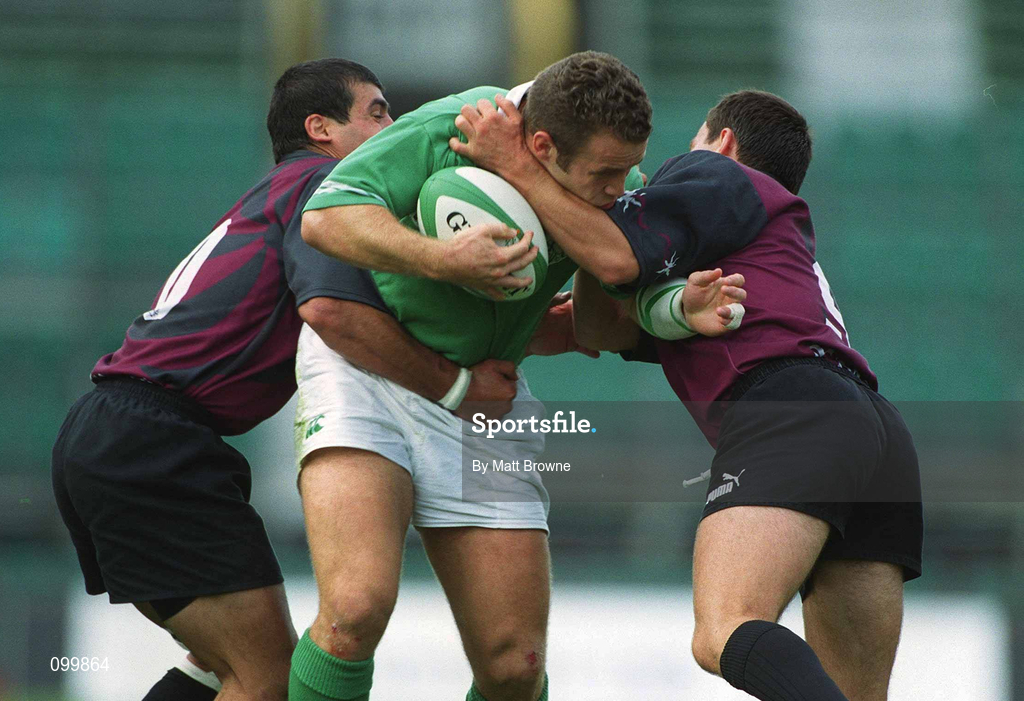 28 September 2002; Kevin Maggs of Ireland is tackled by Paul Jimsheladze, left, and Irali Abusseridze of Georgia during the Rugby World Cup 2003 Qualifier match between Ireland and Georgia at Lansdowne Road in Dublin. Photo by Matt Browne/Sportsfile