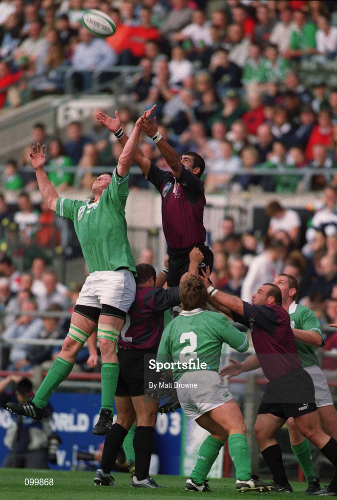 28 September 2002; Malcolm O'Kelly of Ireland and Vano Nadiradze of Georgia vie for possession during the Rugby World Cup 2003 Qualifier match between Ireland and Georgia at Lansdowne Road in Dublin. Photo by Matt Browne/Sportsfile