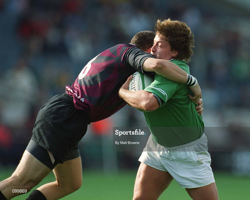 28 September 2002; Shane Byrne of Ireland is tackled by Llia Zedguinidze of Georgia during the Rugby World Cup 2003 Qualifier match between Ireland and Georgia at Lansdowne Road in Dublin. Photo by Matt Browne/Sportsfile