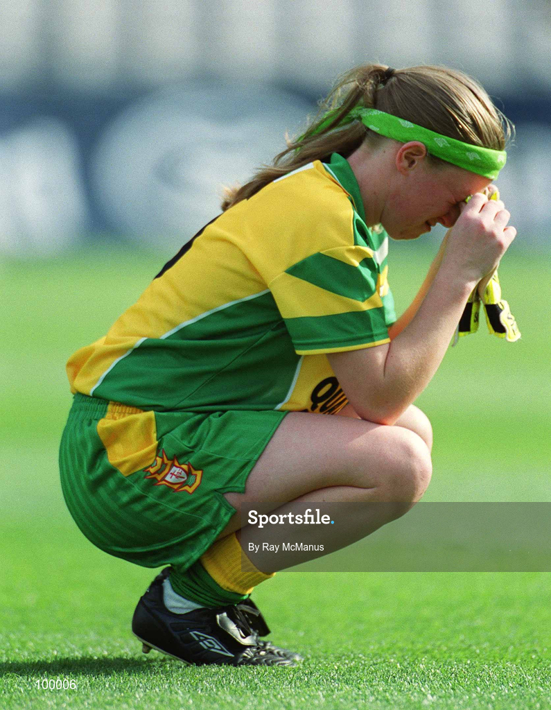 29 September 2002; A dejected Sheena Kearny of Donegal following the All-Ireland Ladies Junior Football Championship Final match between Galway and Donegal at Croke Park in Dublin. Photo by Ray McManus/Sportsfile