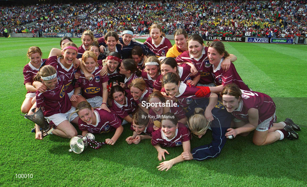 29 September 2002; The Galway team celebrate following the All-Ireland Ladies Junior Football Championship Final match between Galway and Donegal at Croke Park in Dublin. Photo by Ray McManus/Sportsfile