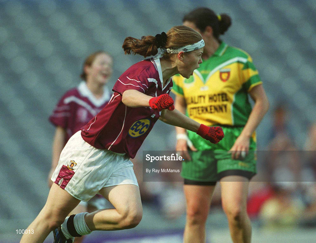 29 September 2002; Gillian Joyce of Galway celebrates after scoring a goal during the All-Ireland Ladies Junior Football Championship Final match between Galway and Donegal at Croke Park in Dublin. Photo by Ray McManus/Sportsfile