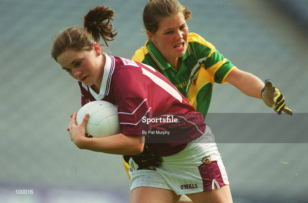 29 September 2002; Geraldine Conneely of Galway is tackled by Grace Meade of Donegal during the All-Ireland Ladies Junior Football Championship Final match between Galway and Donegal at Croke Park in Dublin. Photo by Pat Murphy/Sportsfile