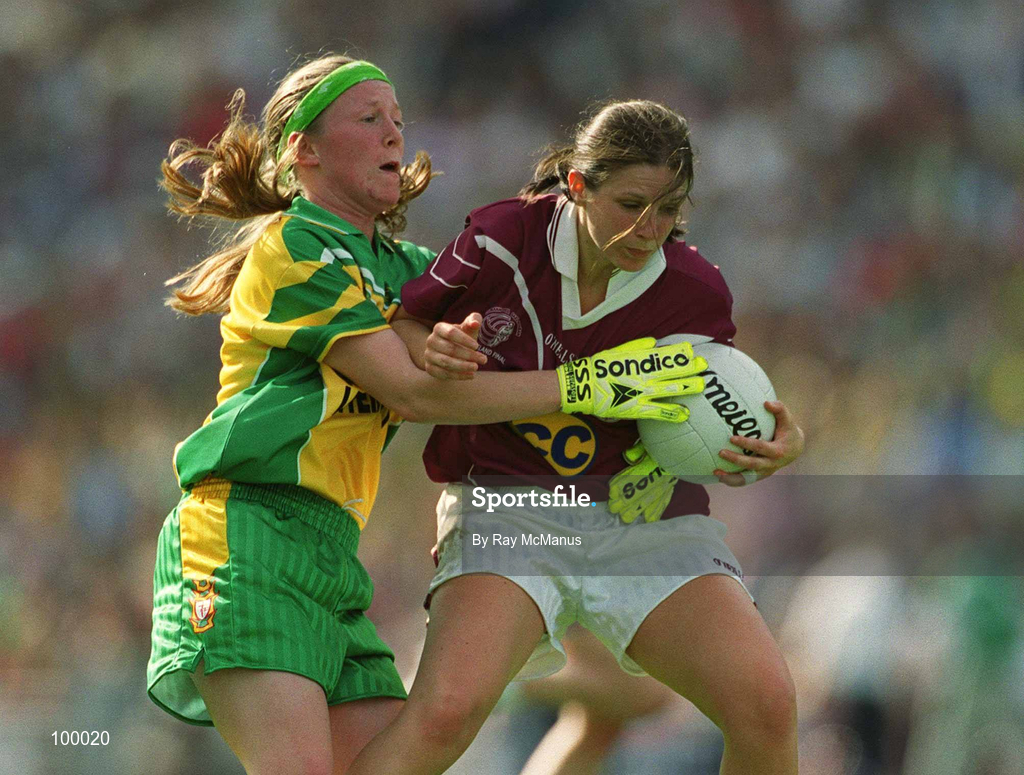 29 September 2002; Lorna Joyce of Galway is tackled by Sheena Kearney of Donegal during the All-Ireland Ladies Junior Football Championship Final match between Galway and Donegal at Croke Park in Dublin. Photo by Ray McManus/Sportsfile