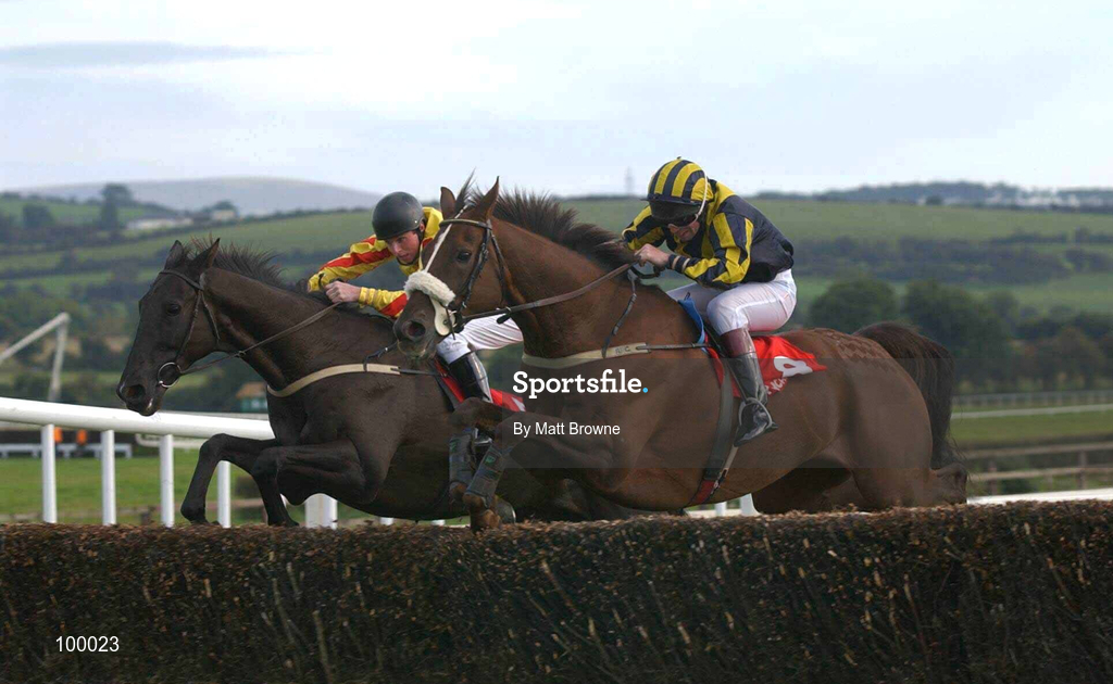 29 September 2002; See More Perks, with Jamie Codd up, left, jumps the last alongside Prince Wot A Mess, with Alan Cash up, on their way to winning the Ingoldsby Handicap Steeplechase at Punchestown Racecourse in Naas, Kildare. Photo by Matt Browne/Sportsfile