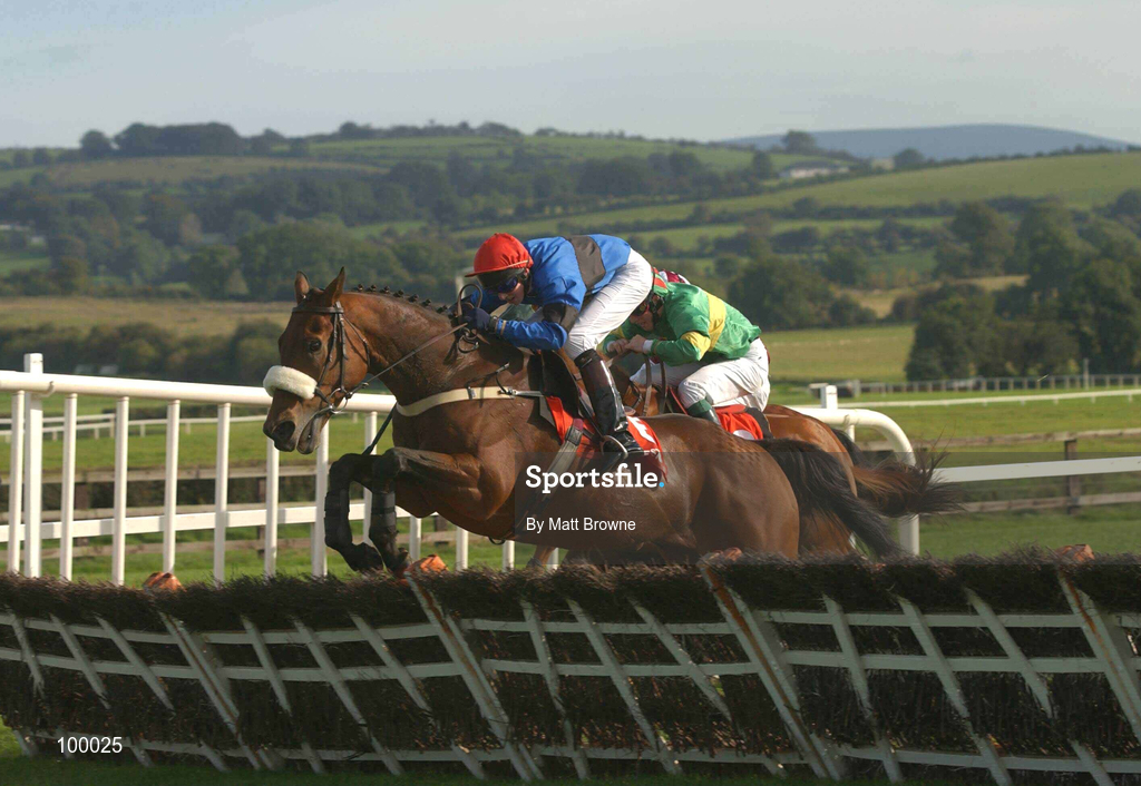 29 September 2002; Shrug, with Mark Walsh up, jumps the last ahead of Cara is Fearr, with Neil Mulholland up, on their way to winning the Peggy Barry-Walsh Memorial Handicap Hurdle at Punchestown Racecourse in Naas, Kildare. Photo by Matt Browne/Sportsfile